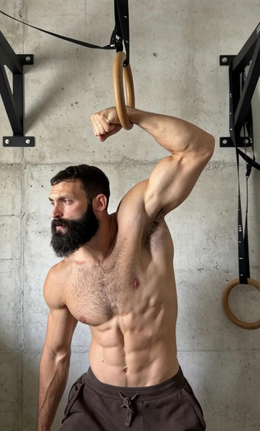 Roye Gold hanging from gymnastic rings